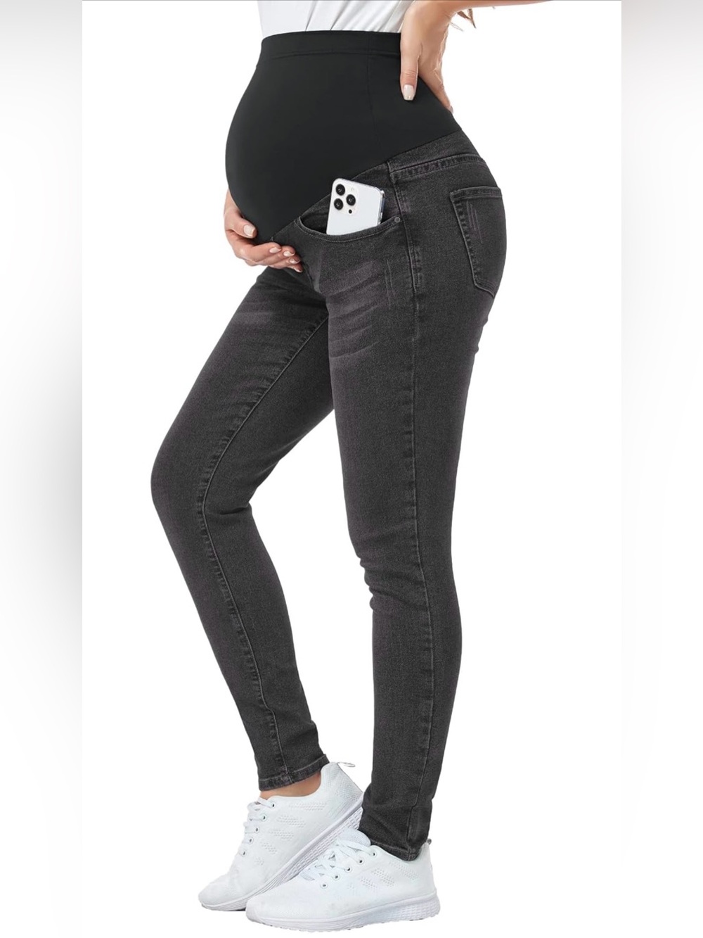 Maternity Skinny Jeans with Black Stretch Panel in Charcoal, XL
